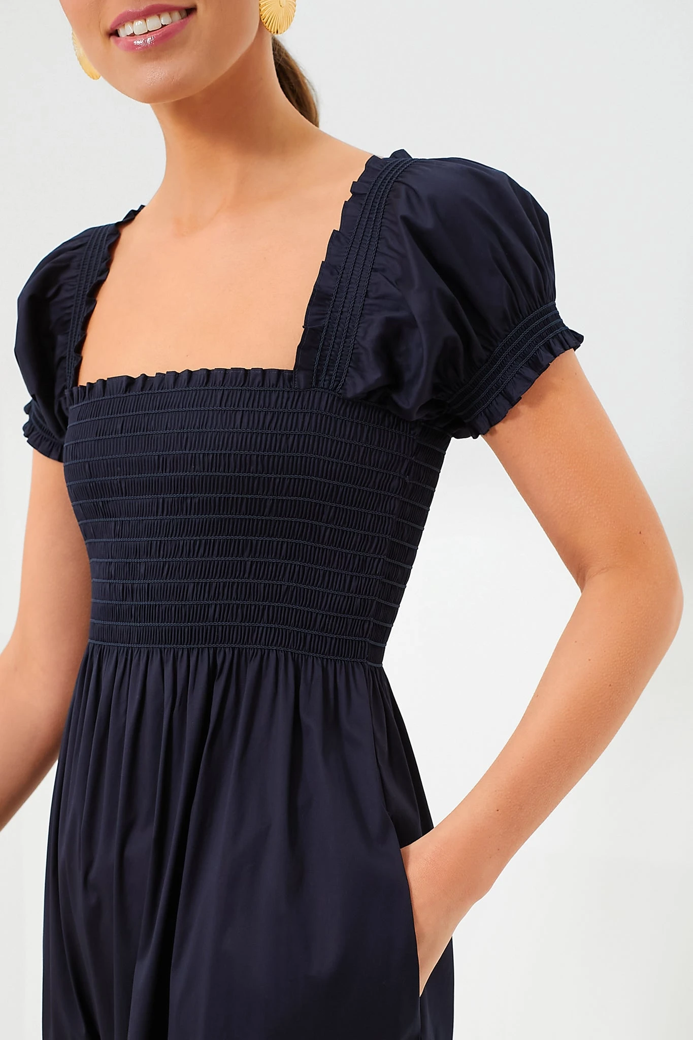 Tory Burch Medium Navy Smocked Cotton Dress 7 Tory Burch Medium Navy Smocked Cotton Dress - Image 5