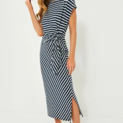 Navy And Cream Stripe Vanina Cinched Waist Dress