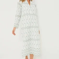 Gasparilla Green Eyelet Button Front Long Sleeve Caftan