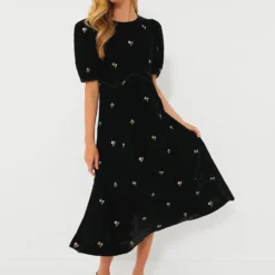 Black Rubina Embroidery Puff Sleeve Midi Dress