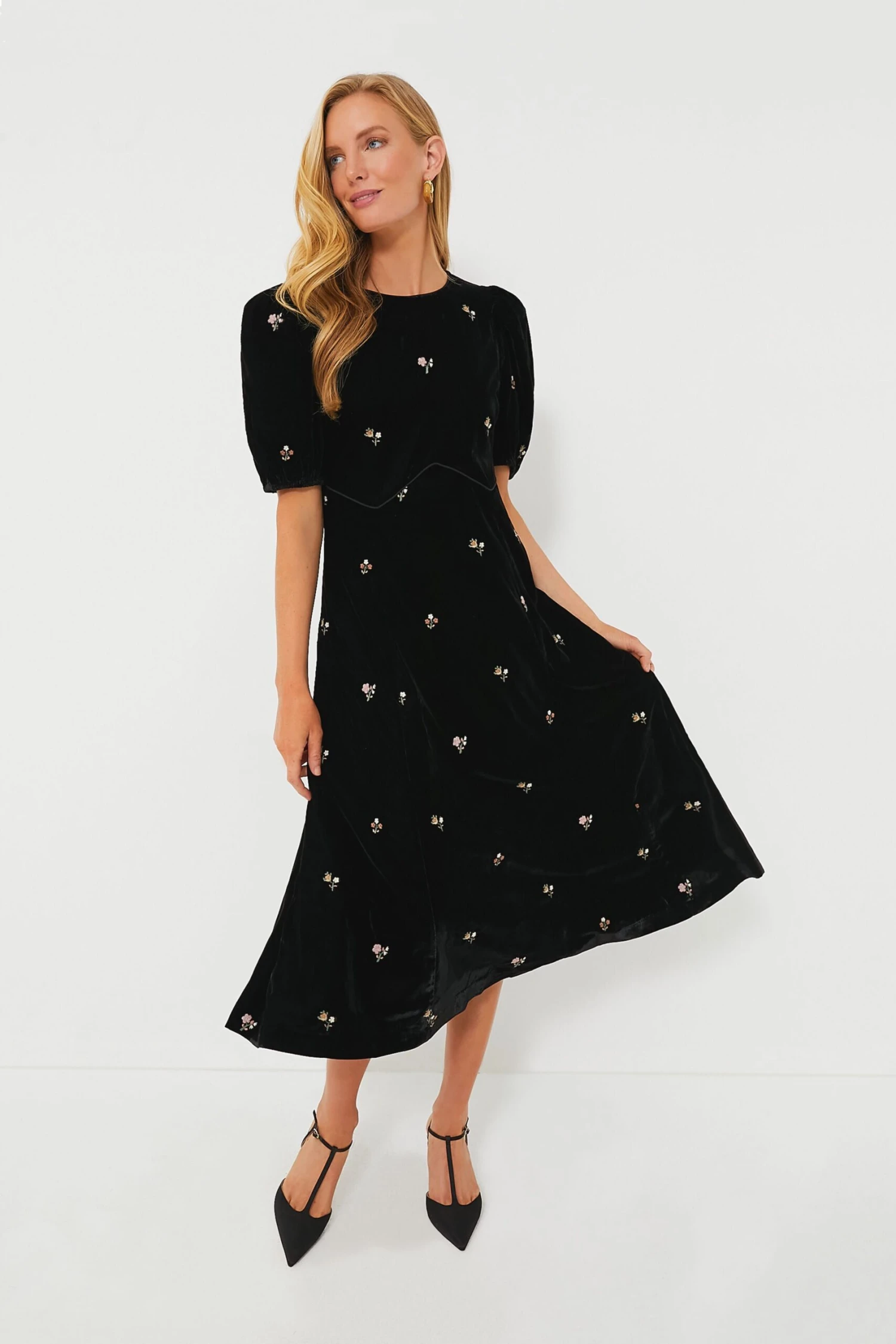 Black Rubina Embroidery Puff Sleeve Midi Dress 3 Black Rubina Embroidery Puff Sleeve Midi Dress