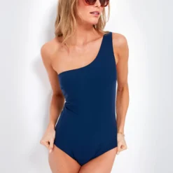 Navy Sculpting One Shoulder Swim Suit