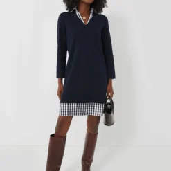 Navy Wool And Cotton Combo Sweaterdress