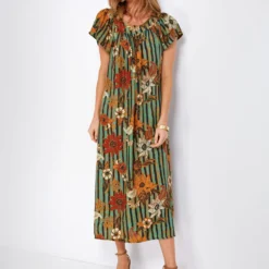 Green Sunflower Stripe Print Moss Sienna Midi Dress