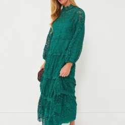 Farm Rio Dark Green Guipure Long Sleeve Maxi Dress