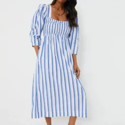 Ganni Silver Lake Blue Stripe Cotton Open-neck Smock Long Dress